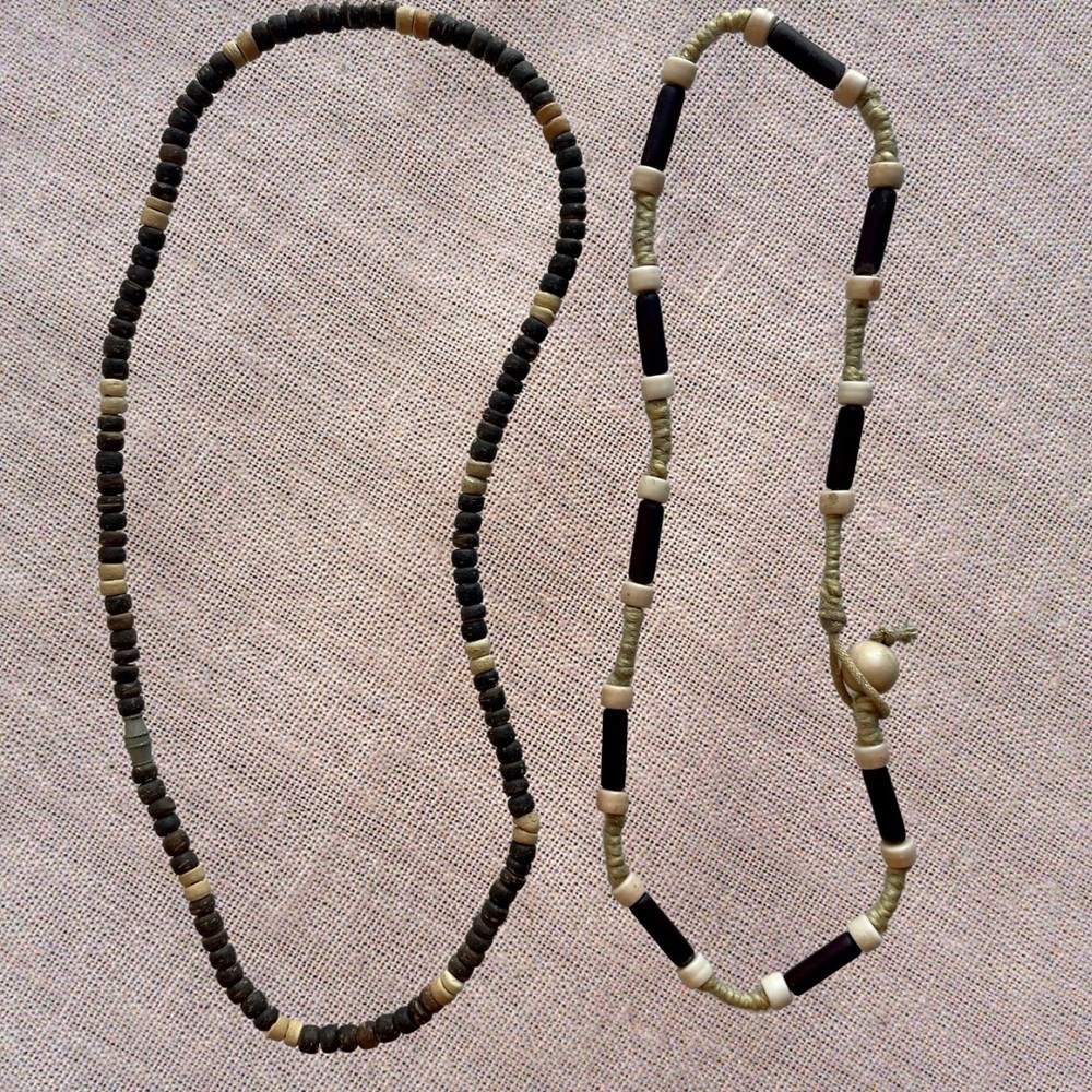 Two Vintage Earthy Natural Multicolor Rope & Bead Wood Necklaces or Bracelets